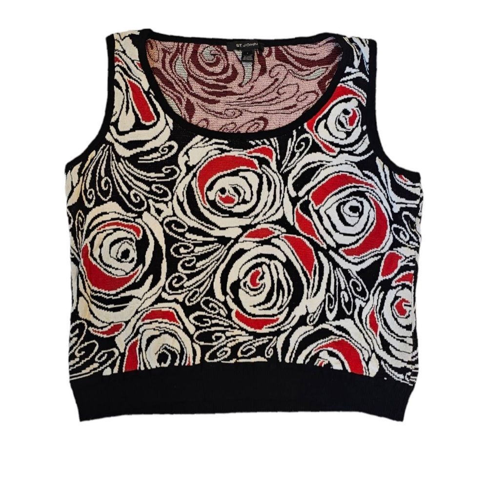 St. John Sleeveless Black Red Blouse Sleeveless Sweater Vest Size Large Vintage